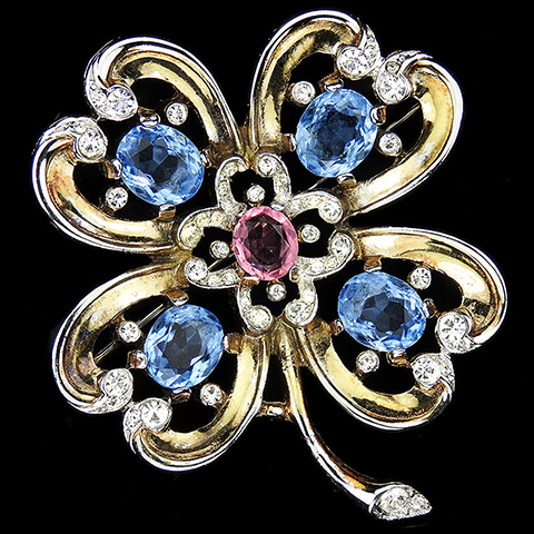 Trifari 'Alfred Philippe' 'Renaissance' Gold Pale Sapphire and Pink Topaz Four Leaf Clover Hearts Pin