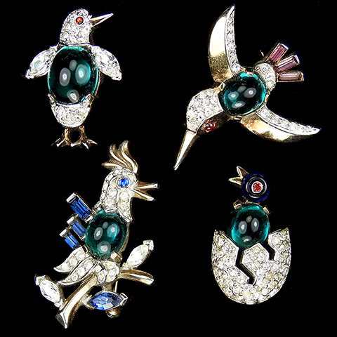 Trifari 'Alfred Philippe' set of Four Miniature Woodpecker, Kingfisher, Penguin and Chick in Egg Bird Scatter Pins