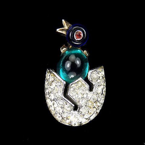 Trifari 'Alfred Philippe' Gold Pave and Emerald Cabochon Miniature Chick in a Pave Egg Bird Scatter Pin