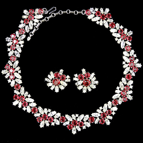 Trifari 'Alfred Philippe' Ruby Chatons and Diamante Navettes Floral Choker Necklace and Clip Earrings Set