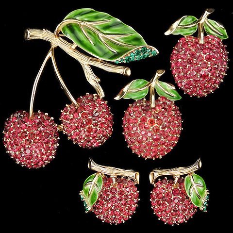 Trifari 'Alfred Philippe' Gold Ruby Emerald and Enamel Two Cherries on a Branch Pin, Two Cherry Scatter Pins, and Cherries Clip Earrings Set
