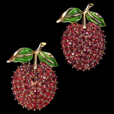 Trifari Gold Ruby and Enamel Pair of Cherry Scatter Pins