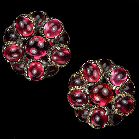 Trifari 'Alfred Philippe' 'Renaissance' Gold and Ruby Stained Glass Cabochons Flower Cluster Button Clip Earrings