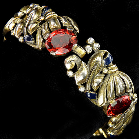 Trifari 'Alfred Philippe' Gold Ruby and Blue Enamel Bell Flowers Six Link Bracelet