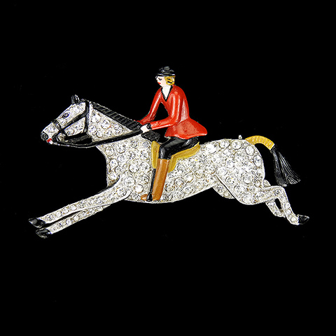 Trifari 'Alfred Philippe' Red Coated Lady Foxhunter Riding a Horse Pin