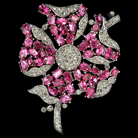 Trifari 'Alfred Philippe' Fuchsia Ruby and Black Diamond Folded Petalled Rose Flower Pin