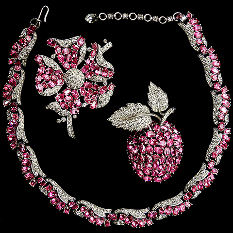 Trifari 'Alfred Philippe' Fuchsia Ruby and Black Diamond Floral Choker Necklace, Rose Pin, and Pendant Apple Pin Set