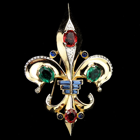 Trifari 'Alfred Philippe' Ruby Emerald and Sapphire Fleur de Lys Pin