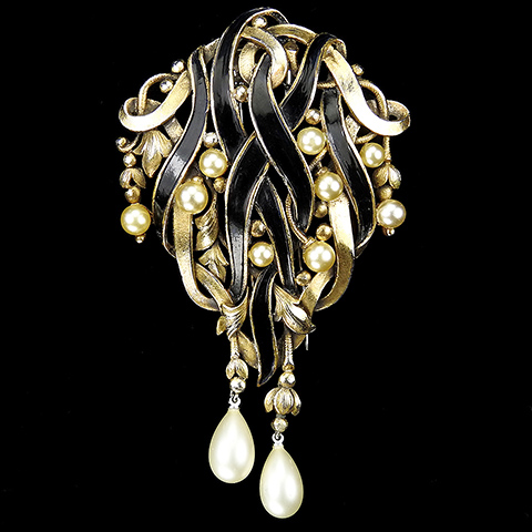 Trifari 'Alfred Philippe' 'Empress Eugenie' Gold Black Enamel and Pearls Double Pendant Fruit Leaf Swirls Pin Clip