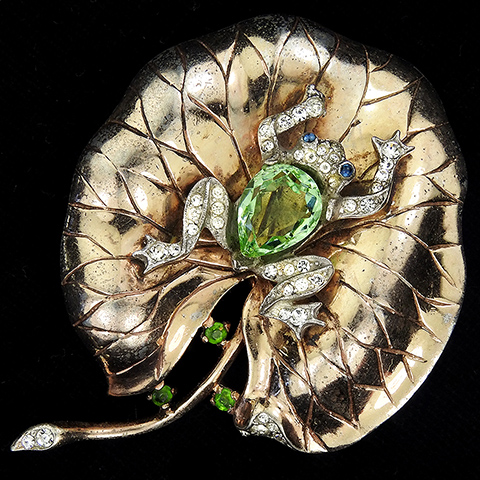 Trifari Sterling 'Alfred Philippe' Pave and Peridot Belly Frog on a Golden Lily Pad Pin Clip