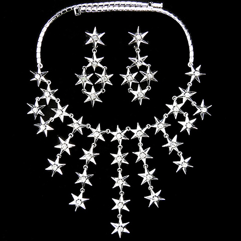 Trifari 'Alfred Philippe' 'Star Bright' Silver Six Pointed Spangled Stars Graduated Multiple Pendant Necklace and Clip Earrings Set