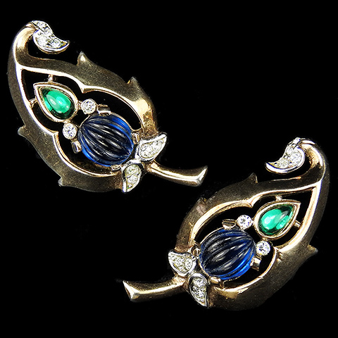 Trifari 'Alfred Philippe' Moghul Jewels Gold Pave Emerald and Melon Cut Sapphire Paisley Pattern Leaf Clip Earrings