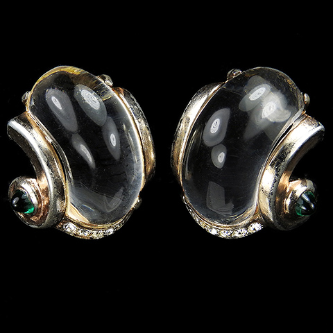 Trifari Sterling 'Alfred Philippe' Pave Emerald Cabochons and Jelly Belly Swirls Clip Earrings