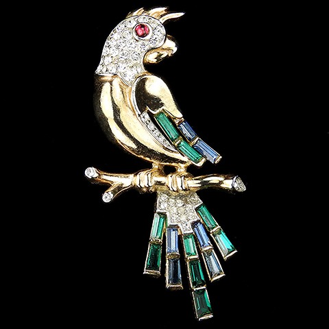 Trifari 'Alfred Philippe' Gold Pave Sapphire and Emerald Baguettes Parrot Bird on a Branch