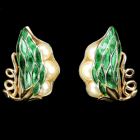 Trifari Gold Pearls and Green Enamel Peas in the Pod Peapod Clip Earrings