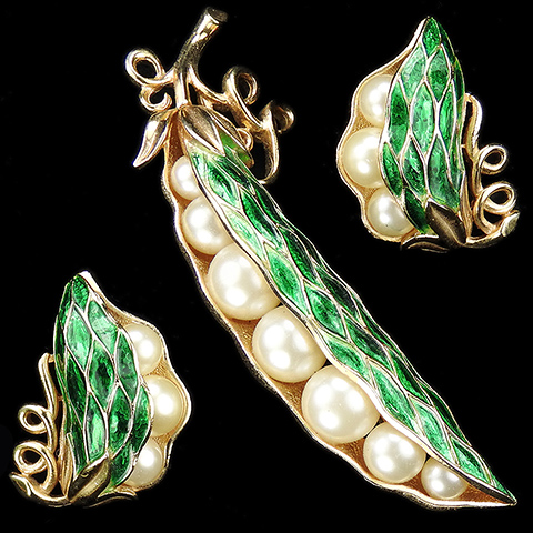 Trifari Gold Pearls and Green Enamel Peas in the Pod Peapod Pin and Clip Earrings Set
