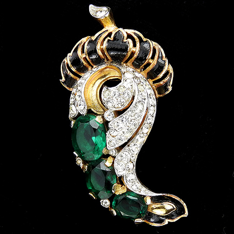 Trifari 'Alfred Philippe' 'Empress' Gold Pave Black Enamel and Emeralds Paisley Pattern Pin Clip
