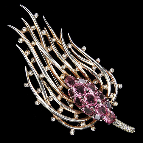 Trifari Sterling 'Alfred Philippe' Gold Diamante Spangles and Pink Topaz Feathery Bullrush Flower or Flame Pin
