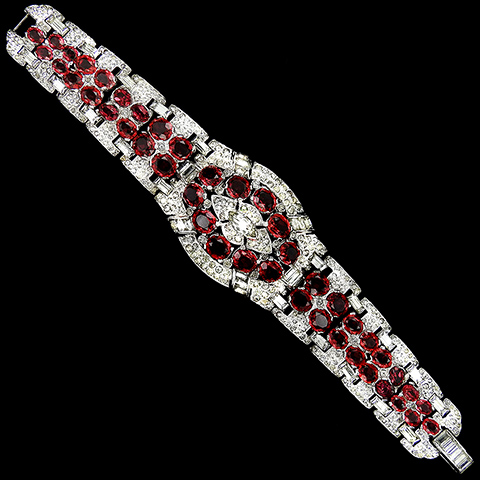 KTF Trifari 'Alfred Philippe' Pave Baguettes and Oval Cut Rubies 1930s Jewels of India Wide Articulated Link Bracelet