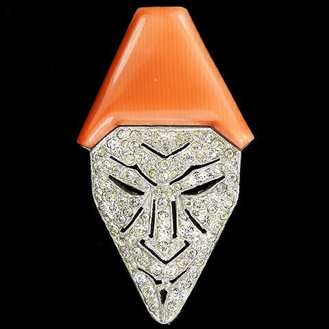Trifari and Krussman Deco  Pave Pierrot Face Mask with Salmon Pink Bakelite Hat Pin