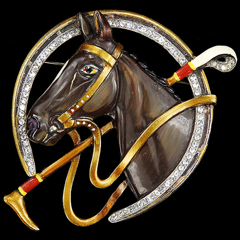 Trifari 'Alfred Spaney' Pave and Enamel Horse Head and Riding Crop in a Horseshoe Pin