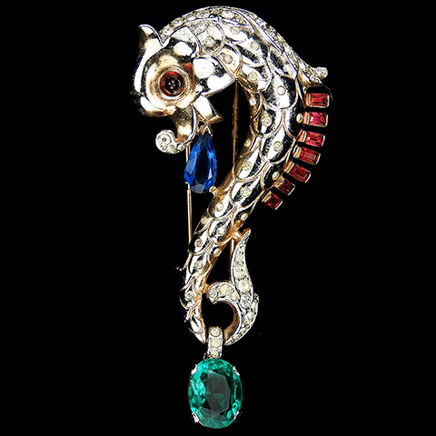 Trifari Sterling 'Alfred Philippe' Sapphire Pendant Emerald and Ruby Baguettes Spangled Coiled Fish Pin Clip