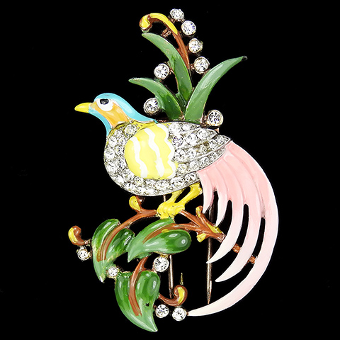 Trifari 'Alfred Philippe' Pave and Enamel Bird of Paradise on a Branch Pin Clip
