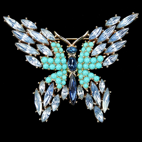 Trifari 'Alfred Philippe' Gold Pale and Dark Sapphire Navettes and Turquoise Cabochons Butterfly Pin