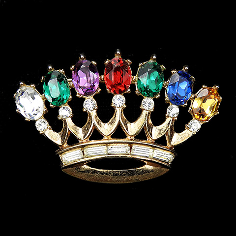 Trifari 'Alfred Philippe' 'Dearest' Gold Diamante Baguettes and Multicolour Stones Royal Crown Pin