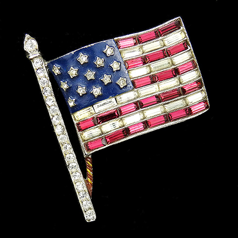Trifari 'Alfred Philippe' WW2 US Patriotic Pave Enamel and Baguettes Stars and Stripes Flag Pin