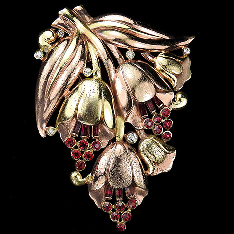 Trifari 'Alfred Philippe' Two Colour Gold and Ruby Stamens Five Bell Flowers Floral Spray Pin Clip