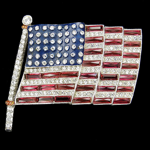 Trifari 'Alfred Philippe' WW2 US Patriotic Pave Blue Enamel and Open Back Ruby Baguettes Fluttering Large (Seven Stripes) Stars and Stripes Flag Pin