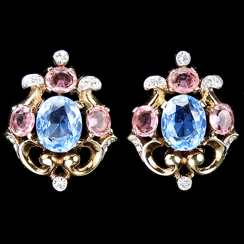 Trifari 'Alfred Philippe' 'Renaissance' Pink and Blue Topaz Shield Crest Clip Earrings