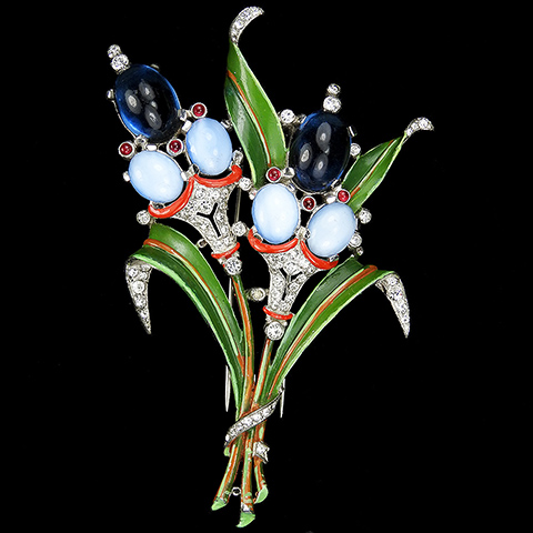 Trifari 'Alfred Philippe' Pave Enamel Sapphire and Blue Moonstone Cabcochons Two Flower Floral Spray with Bow Pin Clip