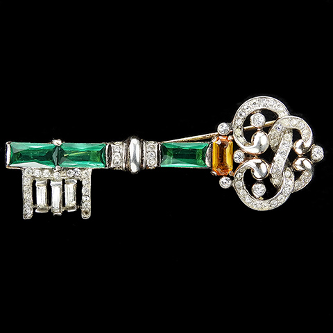 Trifari Sterling 'Alfred Philippe' Gold Pave Swirls and Emerald and Citrine Baguettes Key Pin