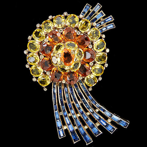 Trifari 'Alfred Philippe' 'Ombre Stone' Gold Citrine Topaz and Invisibly Set Sapphire Baguettes Circular Flower Swirl or Comet Pin Clip 