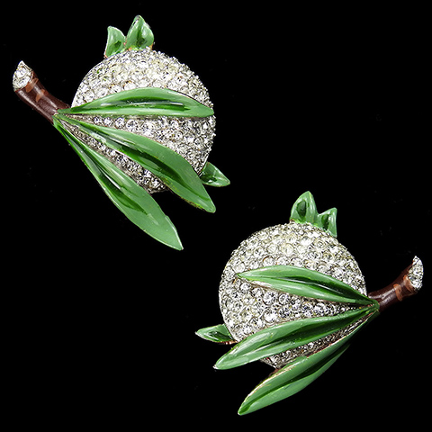 Trifari 'Alfred Philippe' Pave and Enamel Circular Fruits or Flowers and Leaves Clip Earrings