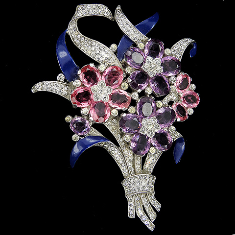 Trifari 'Alfred Philippe' Pink Topaz and Amethyst Pastel Stones and Blue Enamel Four Flower Floral Spray Pin Clip