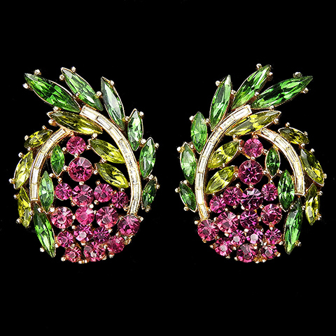 Trifari 'Alfred Philippe' 'Esplanade' Gold Diamante Baguettes Fuchsia Berries and Olivene and Emerald Leaves Larger Clip Earrings