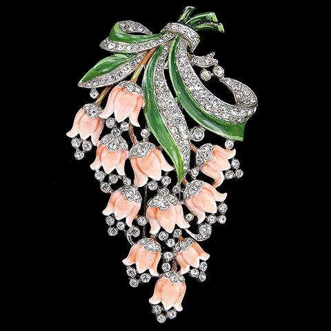 Trifari 'Alfred Philippe' Pave and Enamel Floral Spray of Eleven Pink Lillies Flower Pin Clip