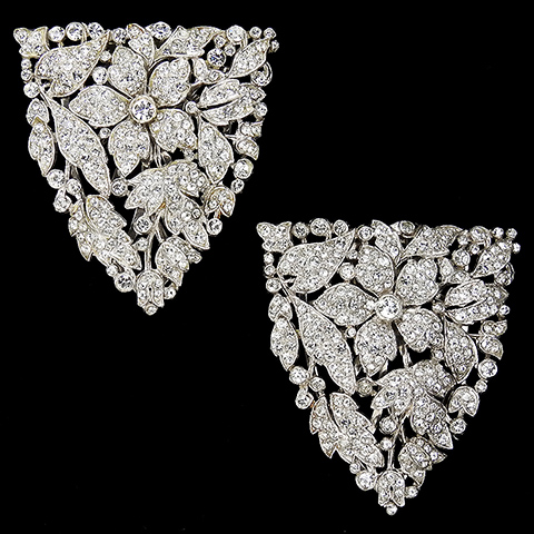 KTF Trifari 'Alfred Philippe' Pave Flowers and Leaves Deco Pair of Dress Clips