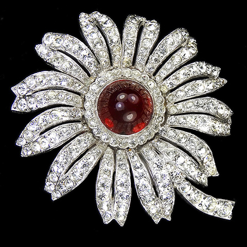 Trifari 'Alfred Philippe' Pave Openwork and Ruby Cabochon Sunflower Pin Clip