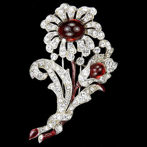 Trifari 'Alfred Philippe' Pave Enamel and Ruby Cabochons Two Flower Floral Spray Pin Clip