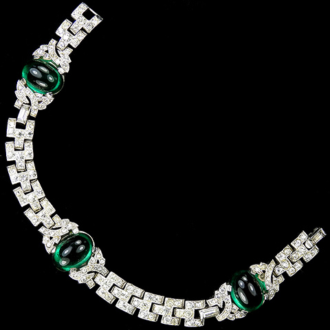 Trifari 'Alfred Philippe' Deco Pave and Three Emerald Cabochons Link Bracelet