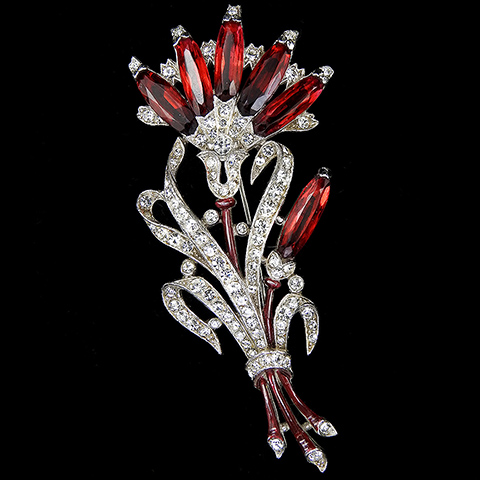 Trifari 'Alfred Philippe' Pave Red Enamel and Ruby Lozenges Flower Spray Pin Clip