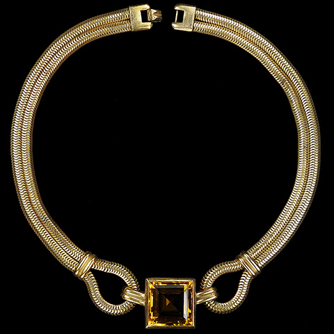 Trifari 'Alfred Philippe' Gold Square Cut Citrine and Knotted Gaspipes Deco Necklace