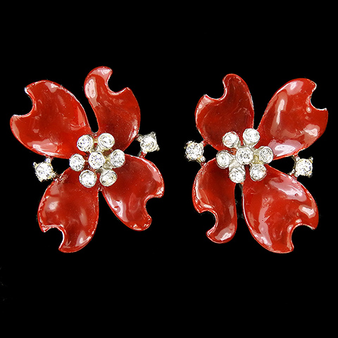 Trifari 'Alfred Philippe' Red Enamelled Dogwood Flower Clip Earrings