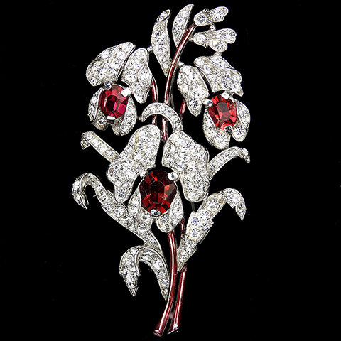 Trifari 'Alfred Spaney' Pave Red Enamel and Three Ruby Flowers Floral Spray Pin