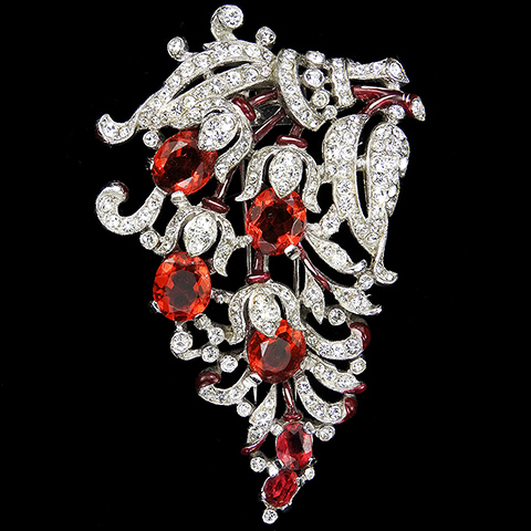 Trifari 'Alfred Philippe' Pave Ruby and Red Enamel Four Bell Flowers Floral Spray Pin Clip