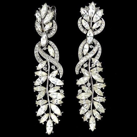 Trifari 'Alfred Philippe' 'Chansonette' Pave and Diamante Navettes Giant Floral Leaf Pendant Clip Earrings